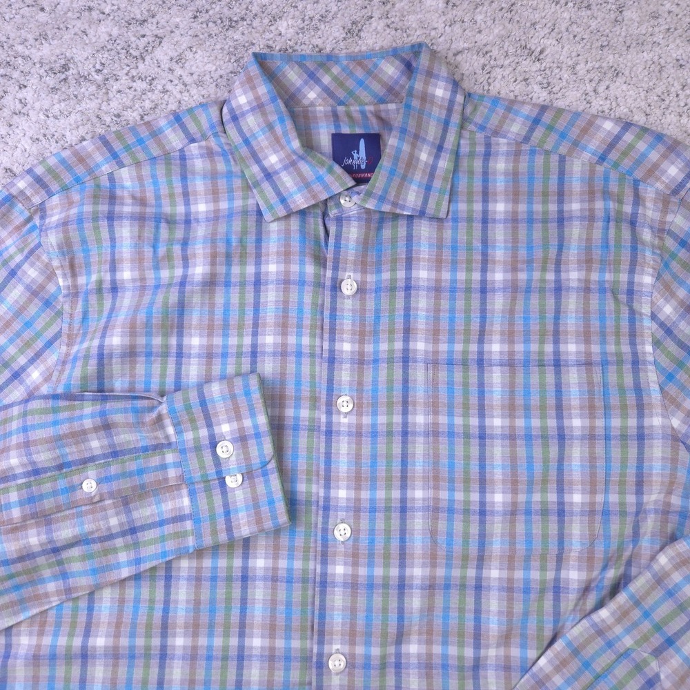 Johnnie-O Prep-Formance Shirt Mens Medium Gray Plaid Stretch Button Up